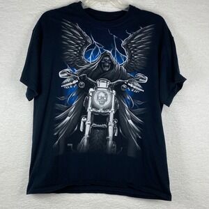 Mens Black Graphic T-Shirt Grim Reaper Riding Motorcycle Blue Lightning XL